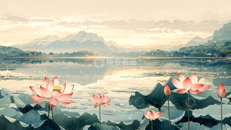 高清大图下载【趣麦麦图】水墨荷花湖光山色