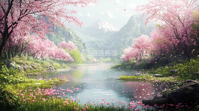 高清大图下载【趣麦麦图】梦幻樱花湖畔仙境