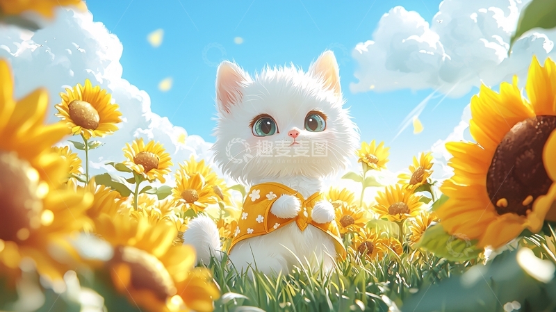 高清大图下载【趣麦麦图】可爱白猫向日葵田