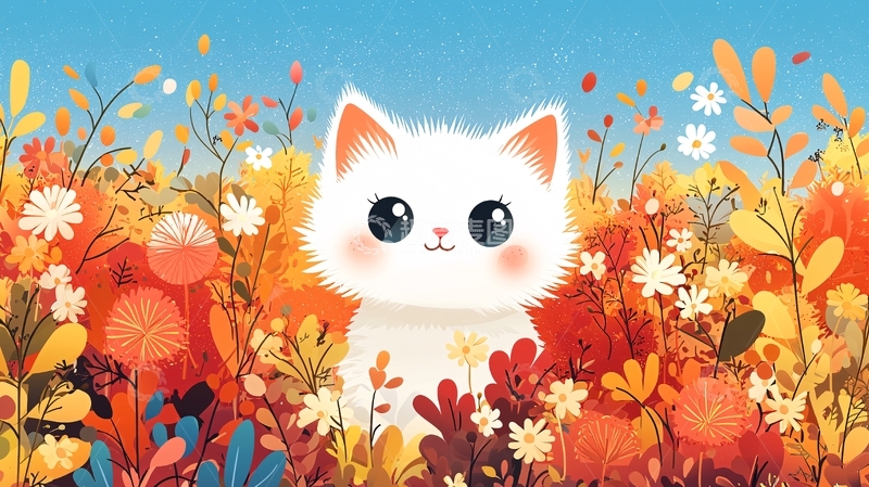 高清大图下载【趣麦麦图】秋日花丛中的可爱白猫