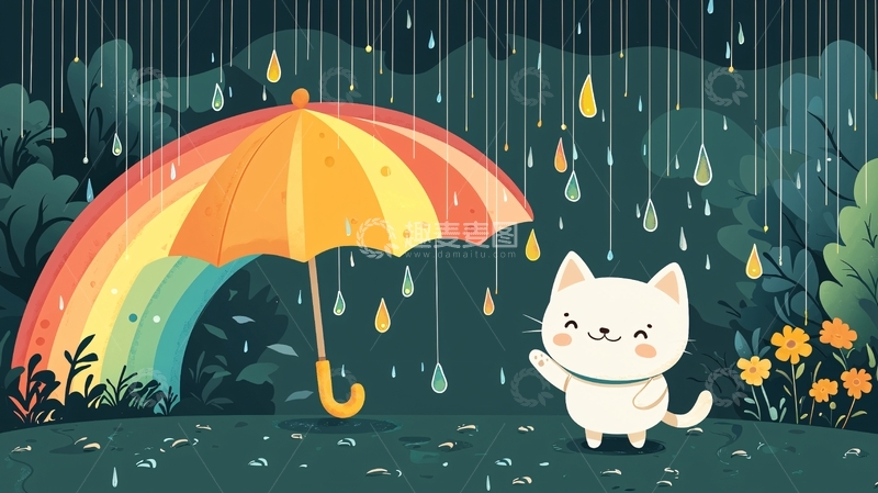 高清大图下载【趣麦麦图】雨中彩虹猫咪