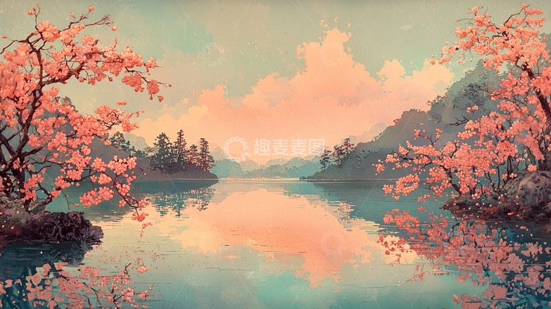 高清大图下载【趣麦麦图】粉色樱花湖泊风景画