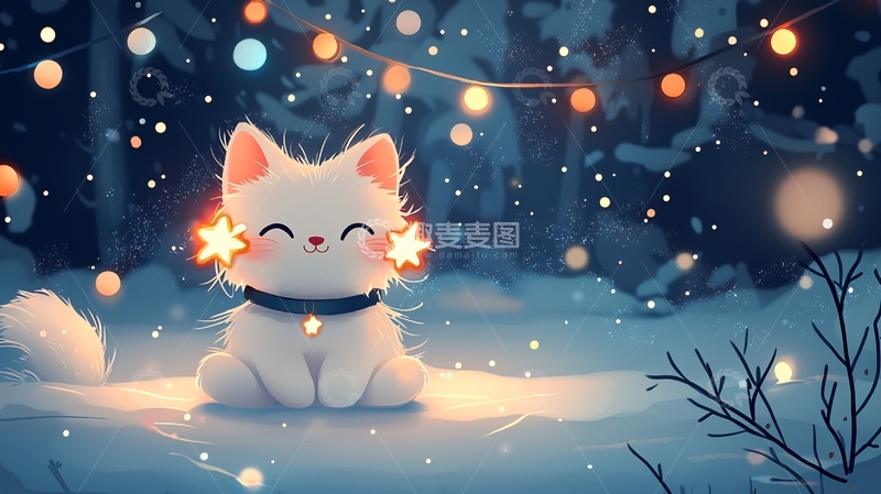 高清大图下载【趣麦麦图】冬夜里闪亮的小猫