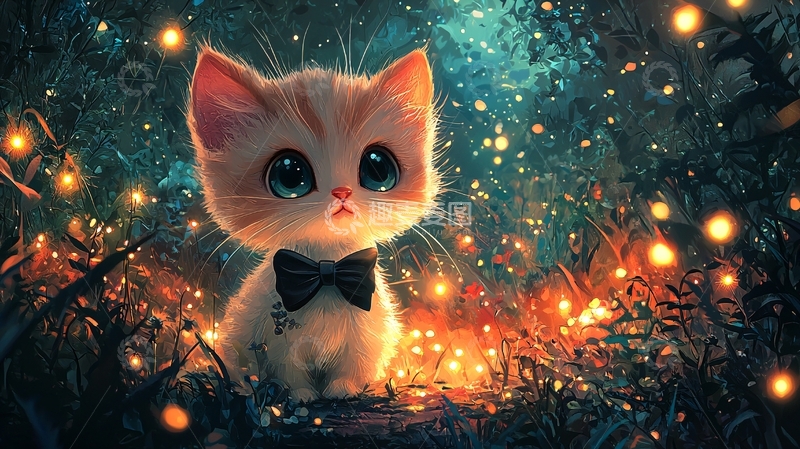 高清大图下载【趣麦麦图】萤火虫森林里的小猫