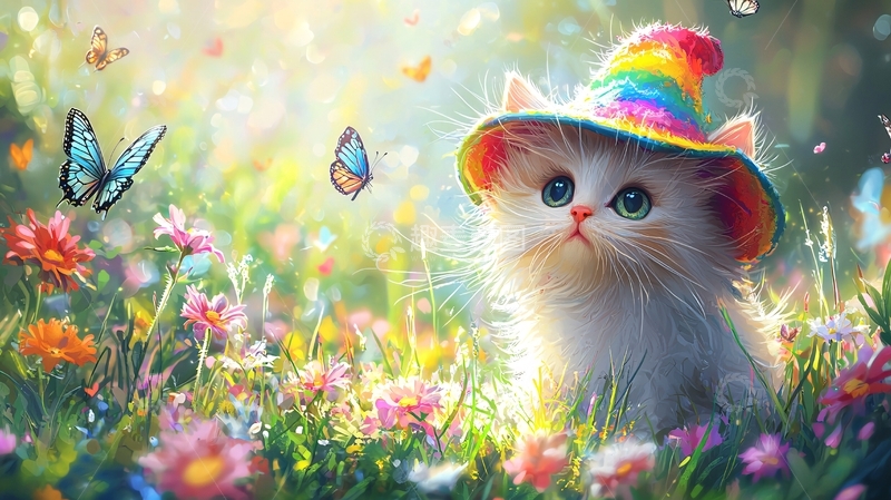 高清大图下载【趣麦麦图】彩虹帽猫咪