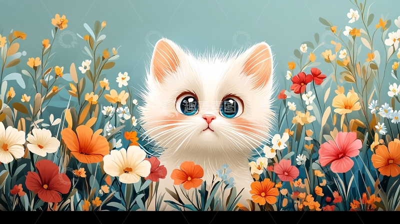 高清大图下载【趣麦麦图】可爱小猫鲜花背景