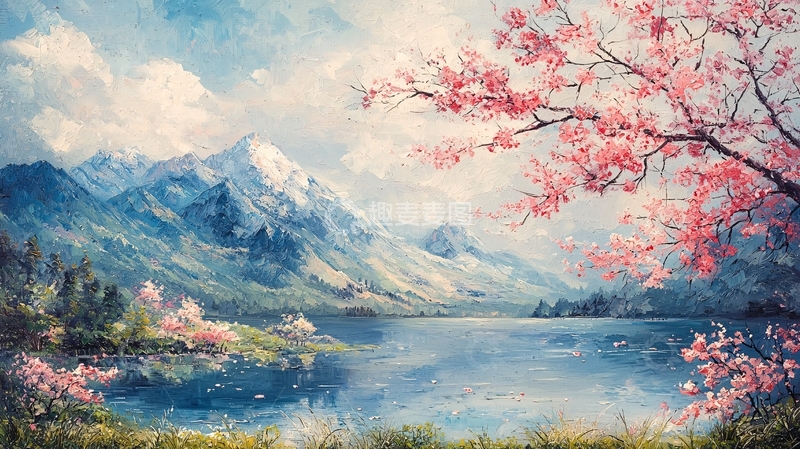 高清大图下载【趣麦麦图】粉红色的樱花和雪山湖泊