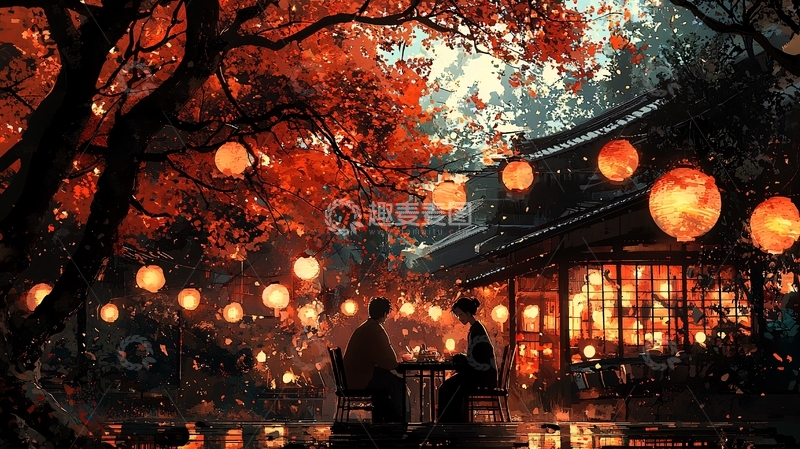 高清大图下载【趣麦麦图】秋夜红叶灯笼下的日式庭院