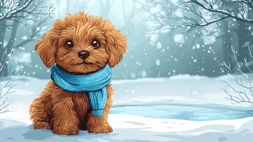 可爱卷毛狗狗冬日雪景