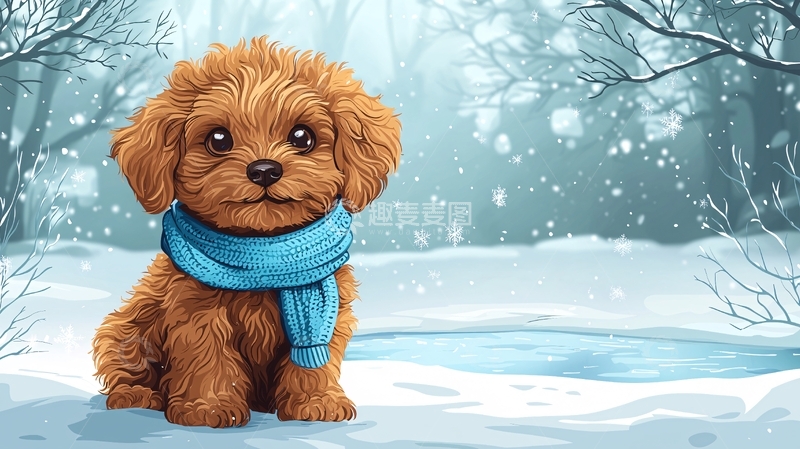 高清大图下载【趣麦麦图】可爱卷毛狗狗冬日雪景