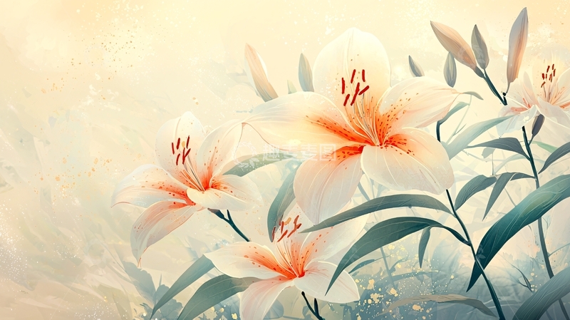 高清大图下载【趣麦麦图】淡雅清新百合花水彩画
