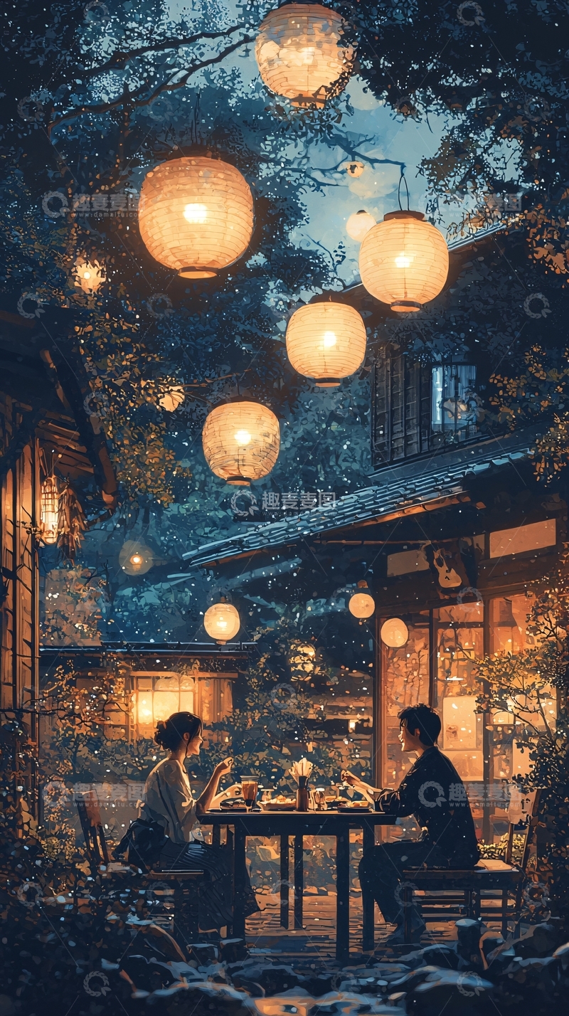高清大图下载【趣麦麦图】唯美日式庭院夜景