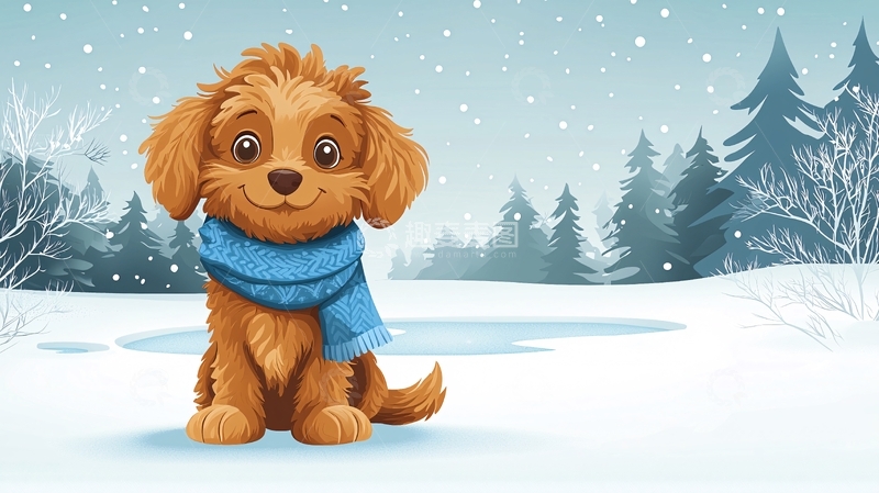 高清大图下载【趣麦麦图】可爱狗狗冬日雪景图