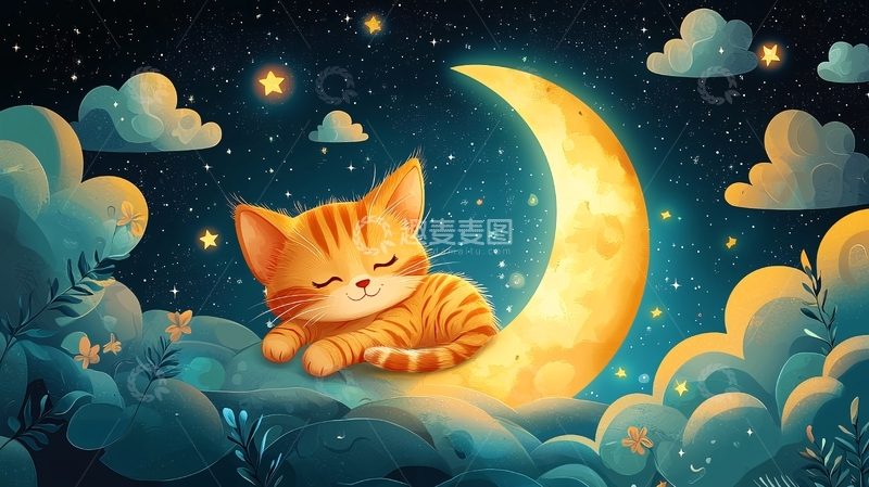 高清大图下载【趣麦麦图】小猫睡在月亮上
