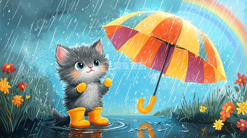 高清大图下载【趣麦麦图】雨中猫咪彩虹伞