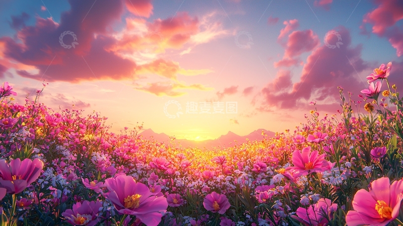 高清大图下载【趣麦麦图】粉色花海日落