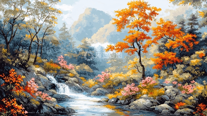 高清大图下载【趣麦麦图】秋季山谷瀑布风景