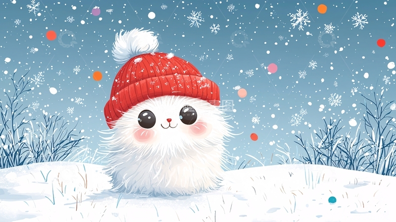 高清大图下载【趣麦麦图】戴红帽的雪地毛绒球