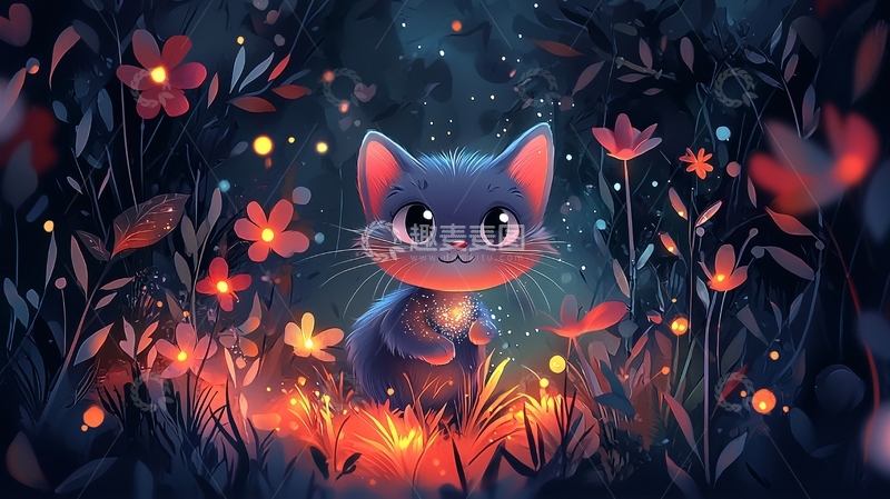高清大图下载【趣麦麦图】夜晚森林小猫