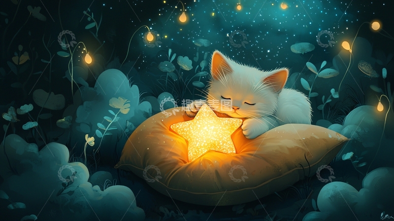高清大图下载【趣麦麦图】抱着星星睡觉的小猫