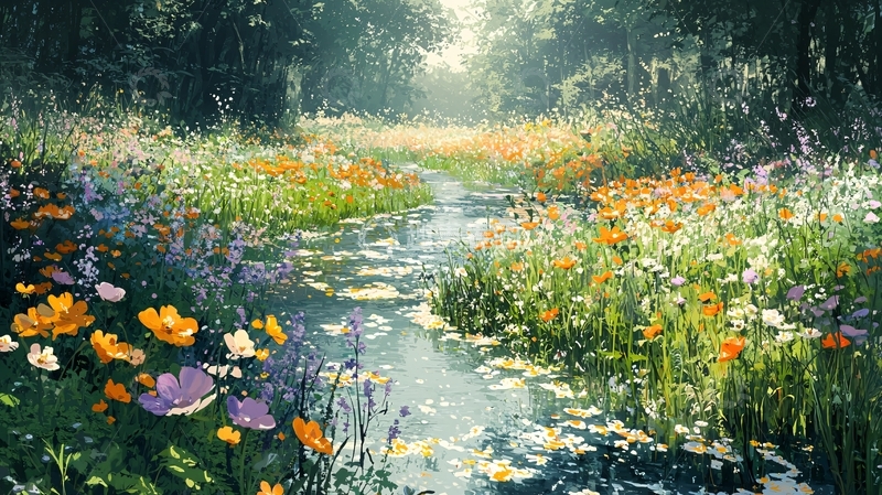 高清大图下载【趣麦麦图】阳光森林溪流野花