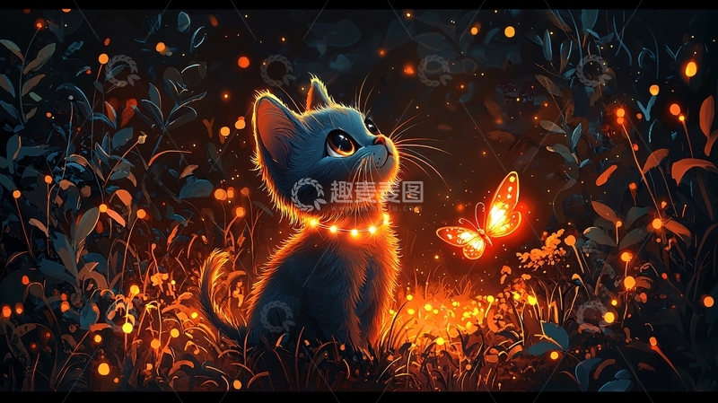 高清大图下载【趣麦麦图】萤火虫环绕的小猫
