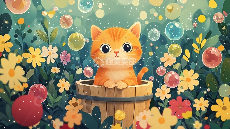 高清大图下载【趣麦麦图】小猫花丛泡泡桶