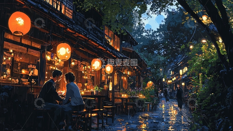 高清大图下载【趣麦麦图】夜晚古镇街景