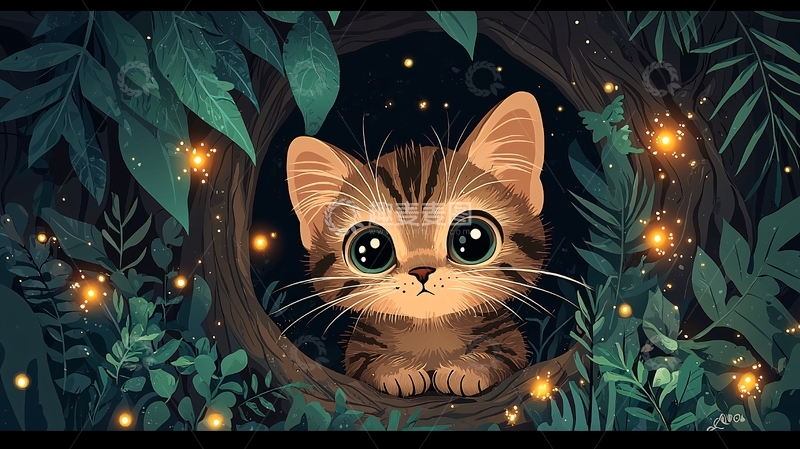 高清大图下载【趣麦麦图】树洞里的大眼睛小猫