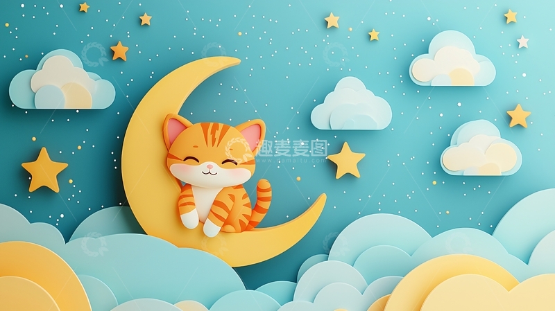 高清大图下载【趣麦麦图】小猫月亮星空纸艺