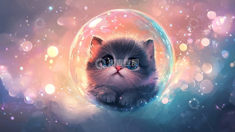 高清大图下载【趣麦麦图】泡泡里的可爱小猫