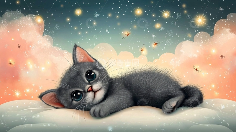 高清大图下载【趣麦麦图】小猫星空云朵背景