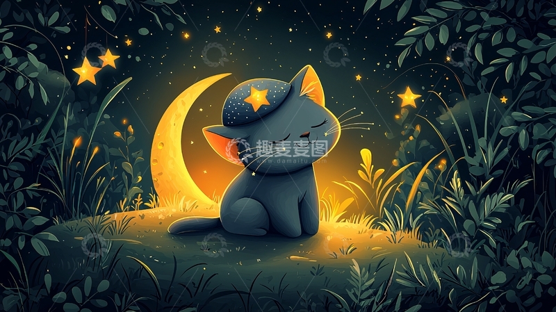 高清大图下载【趣麦麦图】夜晚森林小猫