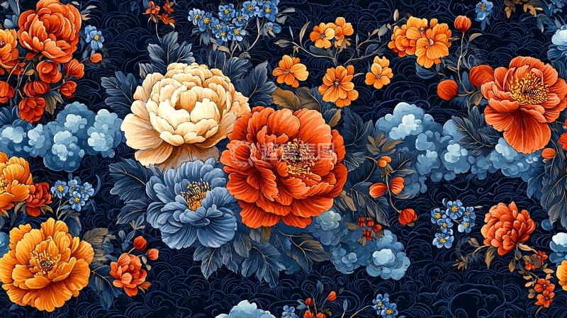 高清大图下载【趣麦麦图】暗色背景下的牡丹花卉图案