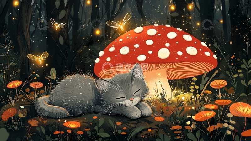 高清大图下载【趣麦麦图】森林里猫咪睡在大蘑菇旁