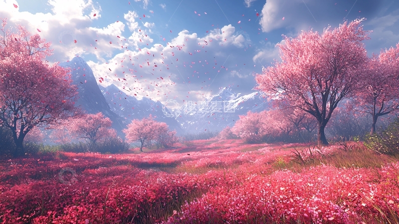 高清大图下载【趣麦麦图】梦幻樱花雪山下的粉色花海