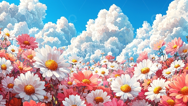 梦幻花海蓝天白云