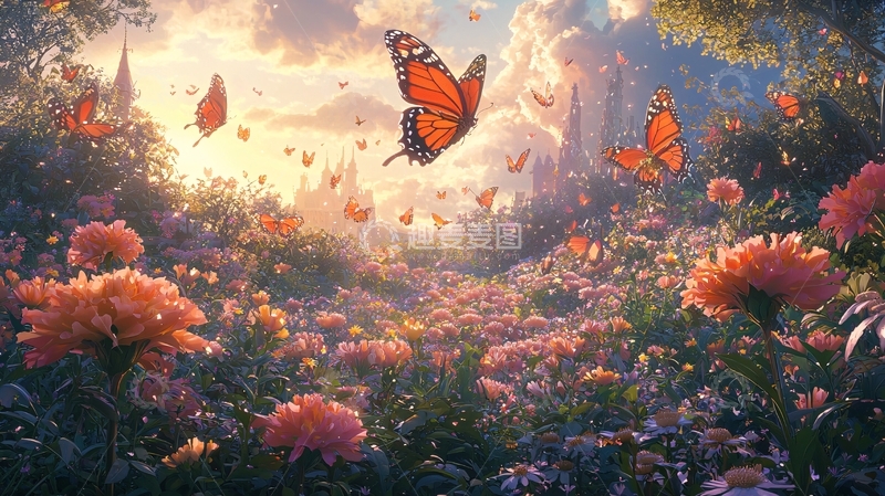 高清大图下载【趣麦麦图】梦幻蝴蝶花海日落