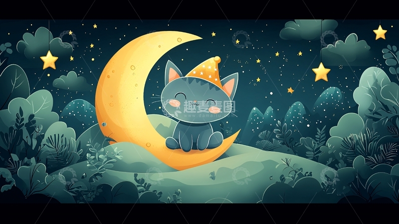 高清大图下载【趣麦麦图】月亮上的小猫
