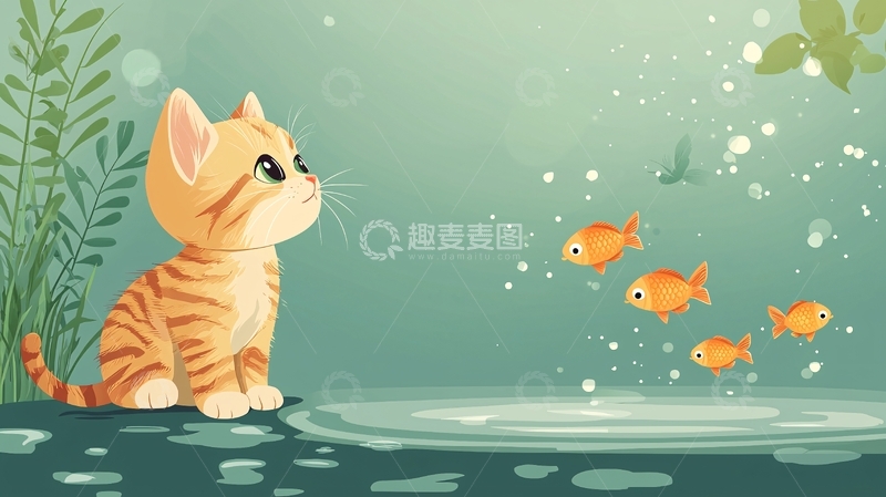 高清大图下载【趣麦麦图】小猫看金鱼