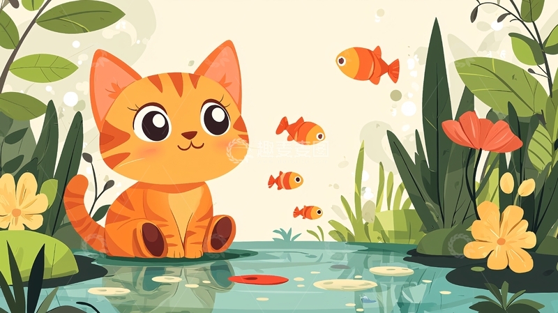 高清大图下载【趣麦麦图】卡通猫咪与小鱼池塘