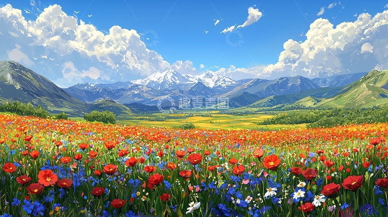 高清大图下载【趣麦麦图】阳光明媚的彩色花海山景