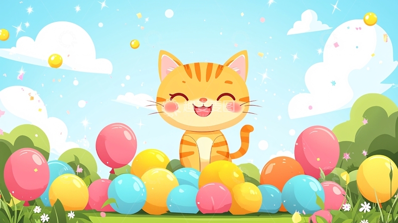 高清大图下载【趣麦麦图】快乐小猫气球背景