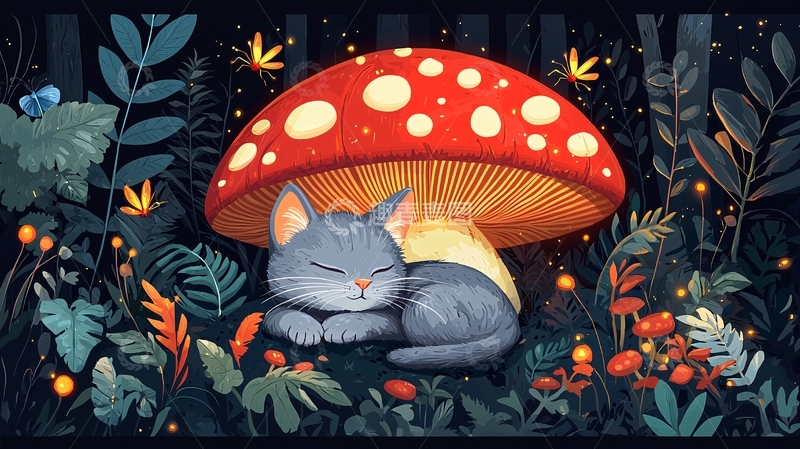 高清大图下载【趣麦麦图】小猫蘑菇森林夜色
