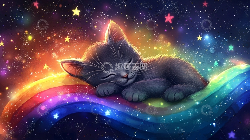 高清大图下载【趣麦麦图】星空彩虹小猫