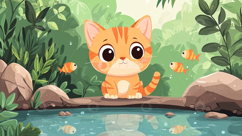 高清大图下载【趣麦麦图】小猫看鱼