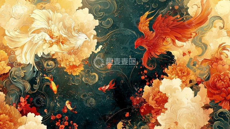 高清大图下载【趣麦麦图】水墨画风格双鱼图