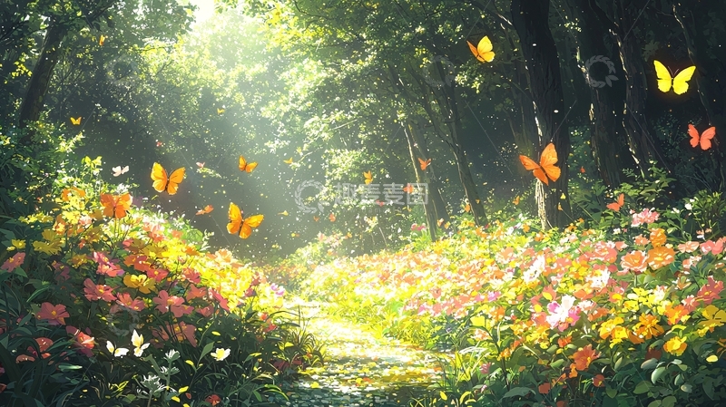 高清大图下载【趣麦麦图】阳光森林小路花海蝴蝶