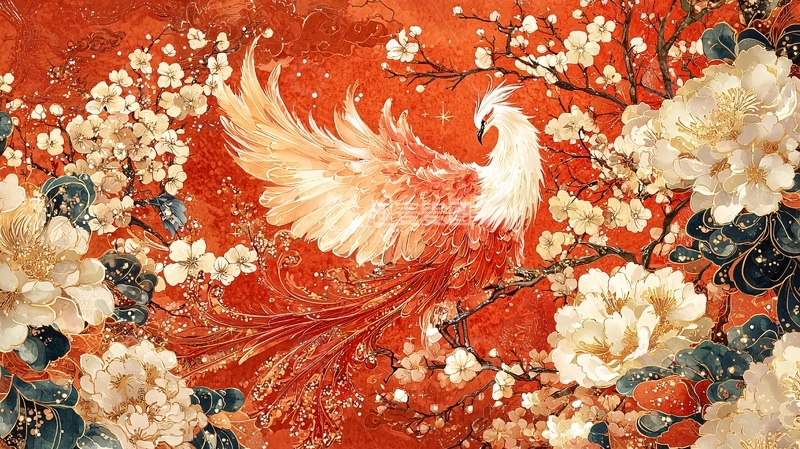 高清大图下载【趣麦麦图】红金色凤凰花鸟图