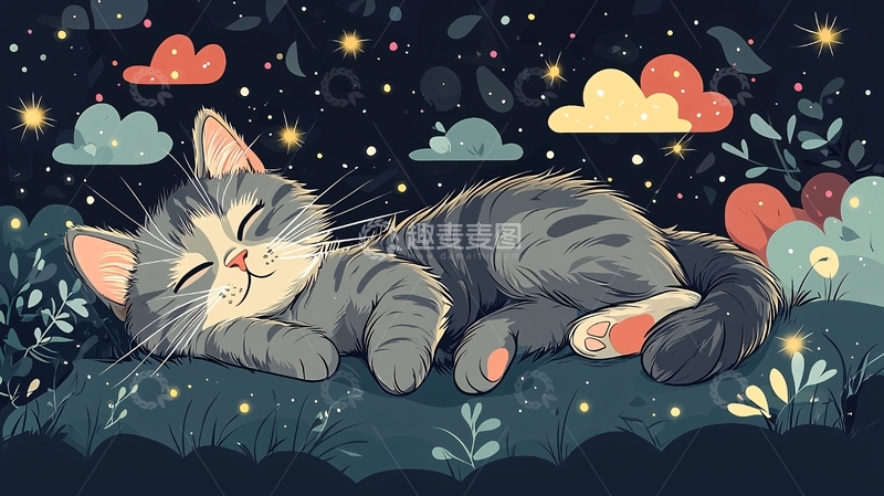 高清大图下载【趣麦麦图】星空下熟睡的猫咪